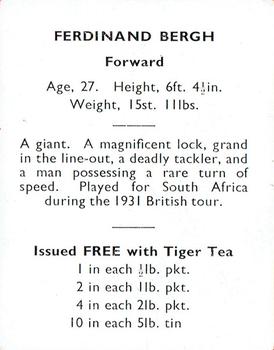1937 International Tea (NZ) Ltd (Tiger Tea) Springbok Rugby Players in NZ #NNO Ferdinand Bergh Back